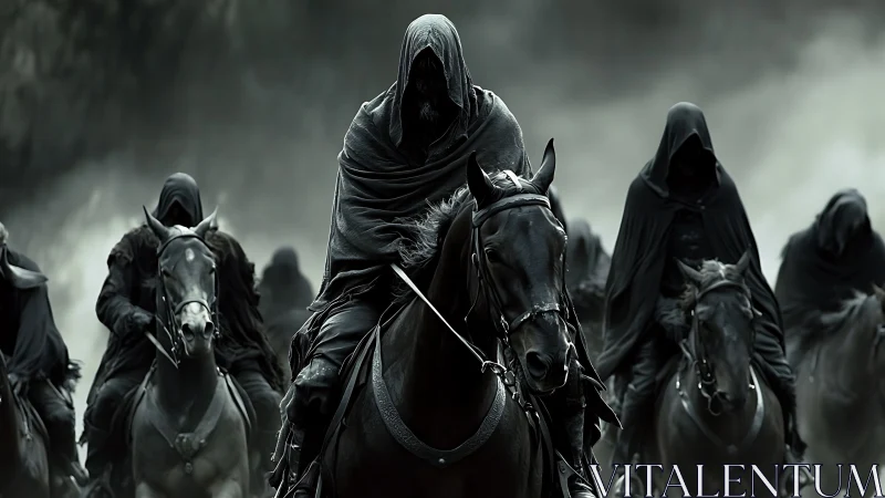 Shadowed riders surge from the mist on dread black steeds.