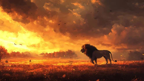 Lone lion traverses sunlit savanna under incendiary sky