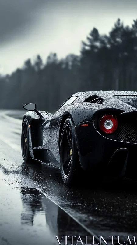 Black supercar on wet forest road in overcast weather.