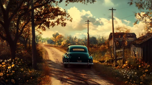 Golden country road welcomes a lone vintage car homeward