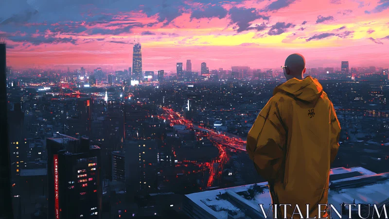 Solitary figure overlooking neon city at electric dusk.