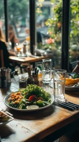 Shallow‑focus bistro table with plated salad and glassware.