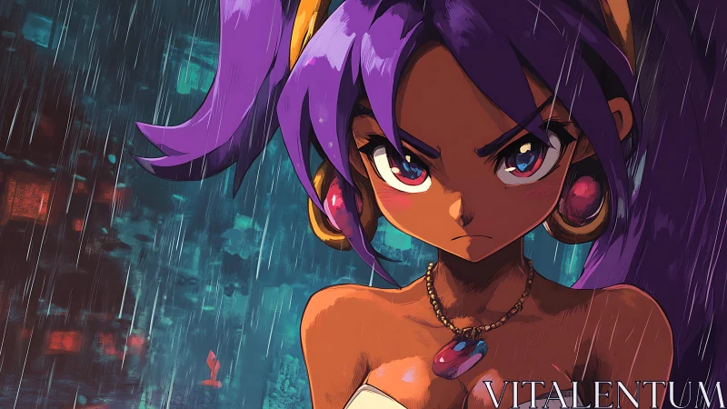 Fierce purple haired heroine stands defiant in the rain