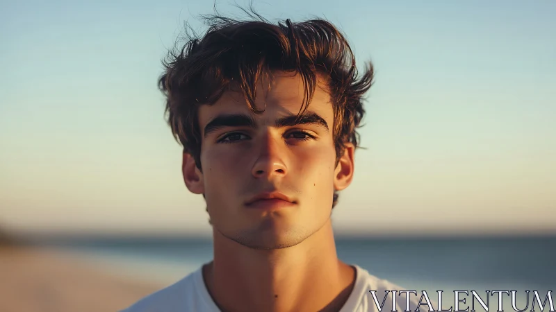 Golden hour shallow-depth beach portrait with soft bokeh