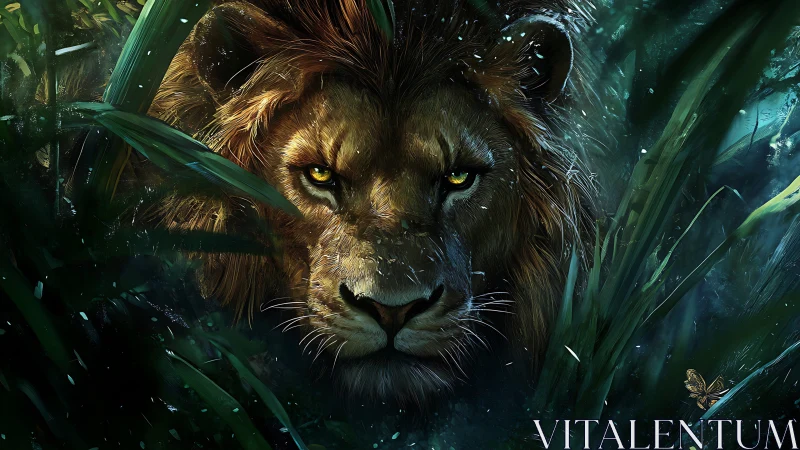 Lion emerging through dense jungle foliage at night.