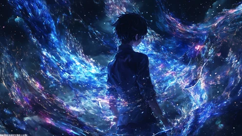 Solitary anime figure within swirling cosmic nebula field.