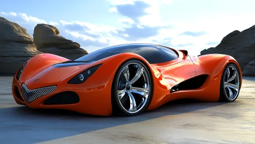 Futuristic orange supercar gleams on sunlit desert road.