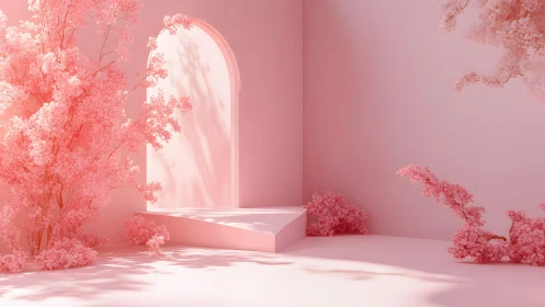 Minimalist pink interior with cherry blossom branches and soft light.