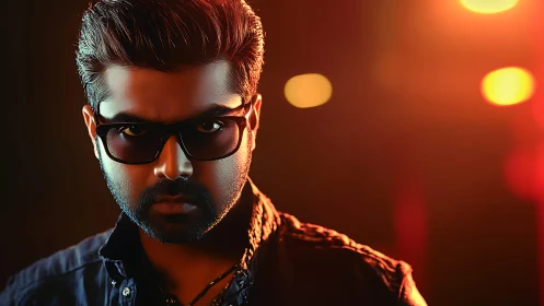 Moody portrait of man in sunglasses with warm lights.