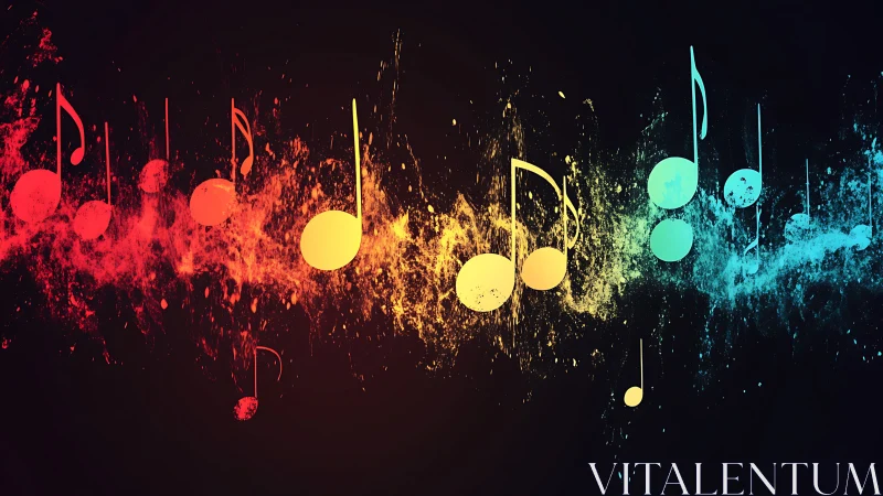 Colorful music notes glow across dark splattered spectrum