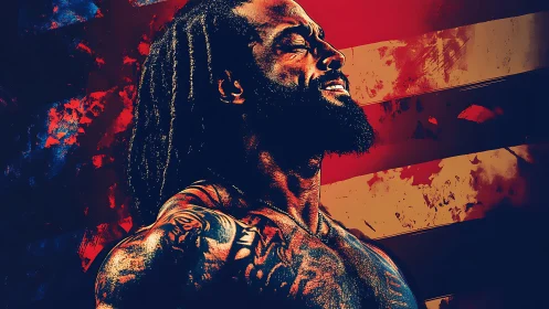 Tattooed muscular man posed in profile before abstract flag