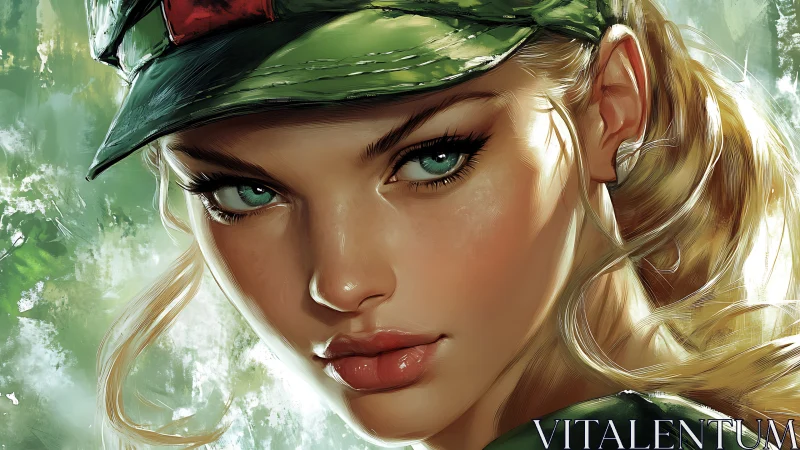 Digital portrait soldier girl with piercing green eyes.