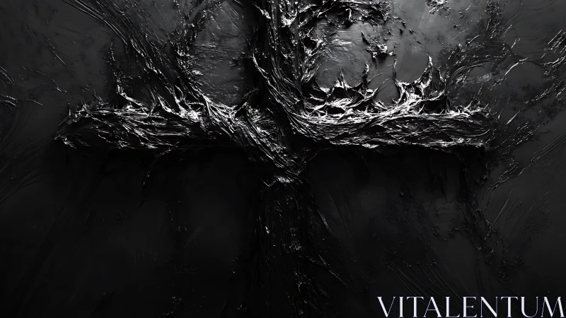 Textured black cruciform relief in visceral abstract field.