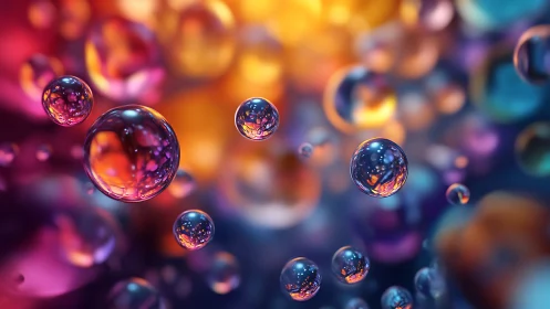 Multicolored reflective spheres float against defocused backdrop