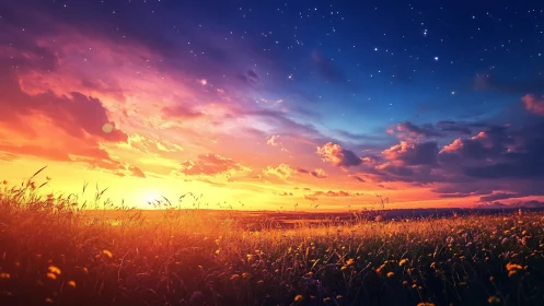 Sunset sky transitions into starry night above wildflower field