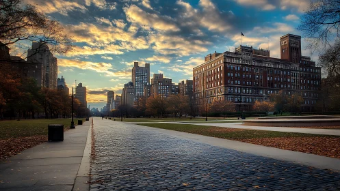 Quiet city park avenue under a glowing autumn evening sky.