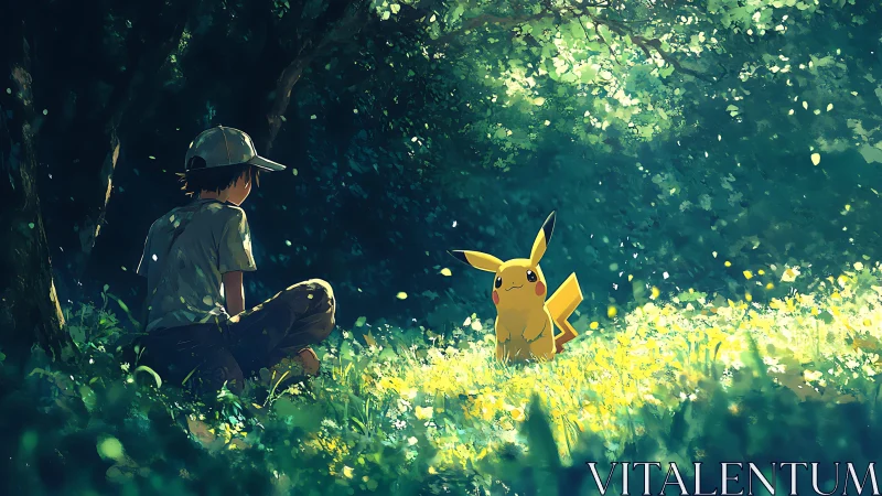 Sun-dappled forest meeting between boy and bright Pikachu.