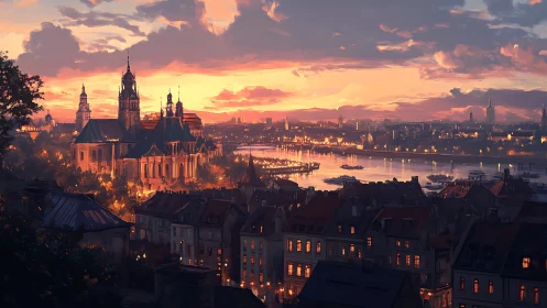 Twilight riverside cityscape with glowing cathedral silhouettes.