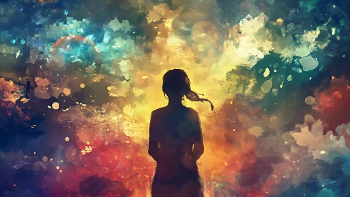 Silhouetted dreamer wandering through swirling cosmic light.