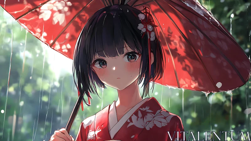 Rain-soaked kimono portrait under diffuse bokeh canopy.