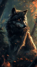 Forest ember wolf resting in glowing autumn twilight.