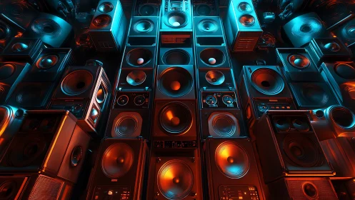 Symmetric wall of loudspeakers under cyan and orange studio light