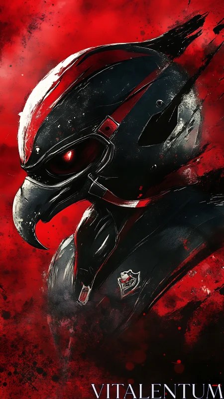 Armored cyber raven warrior in blood-red stormscape.