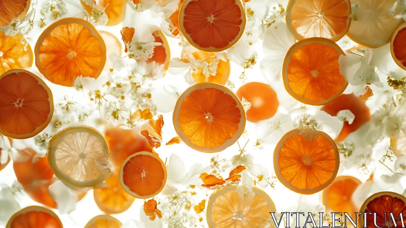 Translucent citrus cross‑sections in luminous botanical suspension.