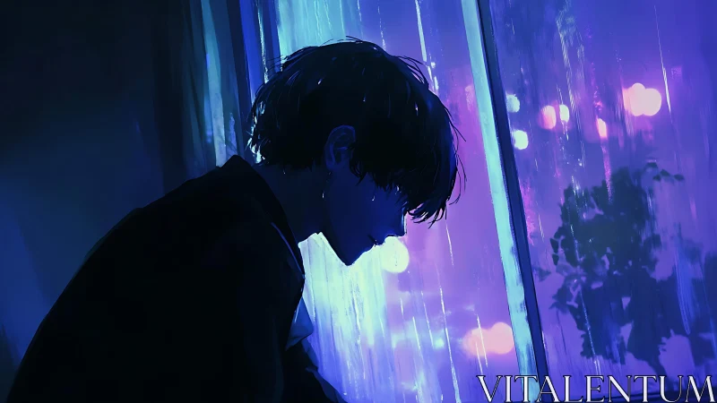 Backlit silhouette studies neon reflections on rain streaked window