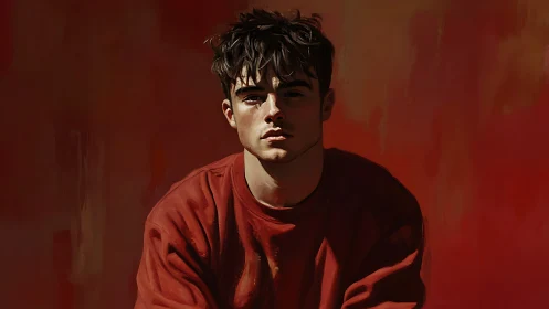Moody male portrait in crimson tones with painterly light.