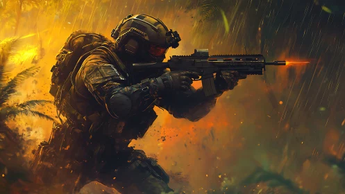 Tactical operator with carbine in rain-soaked jungle firefight