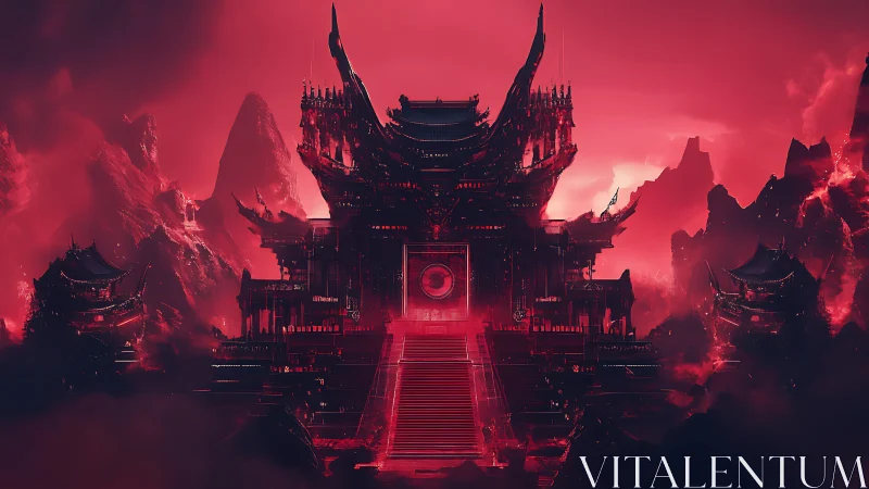 Dark red fantasy fortress rising in jagged volcanic mountains.