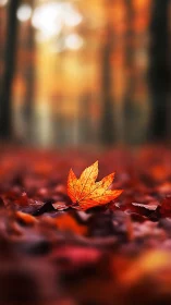 Single maple leaf rests on forest floor in shallow focus