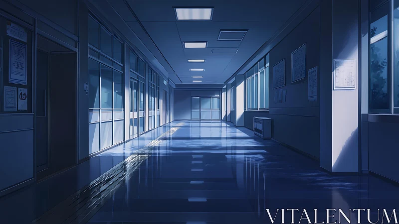Quiet school hallway glowing in gentle blue twilight.