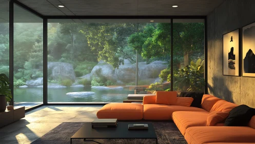 Modern living room with orange sofa and forest view.