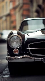 Front view of vintage black car on urban street