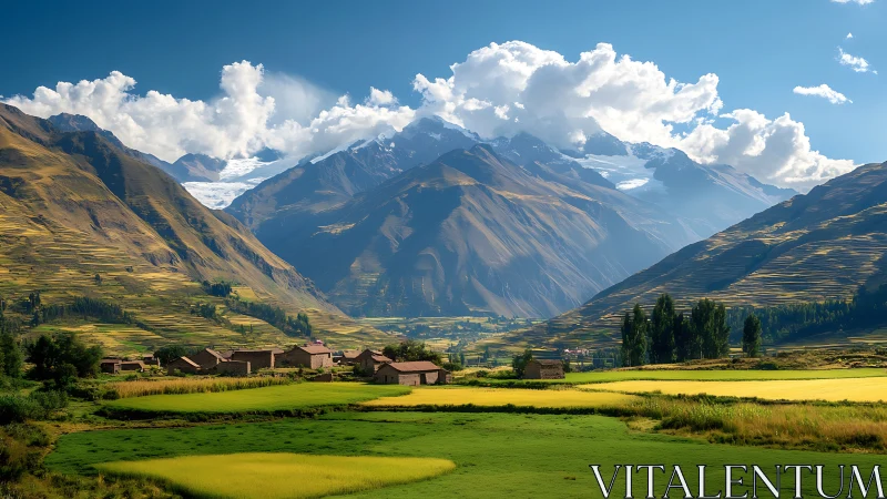 Andean agricultural valley under stratified glacial ridgelines.