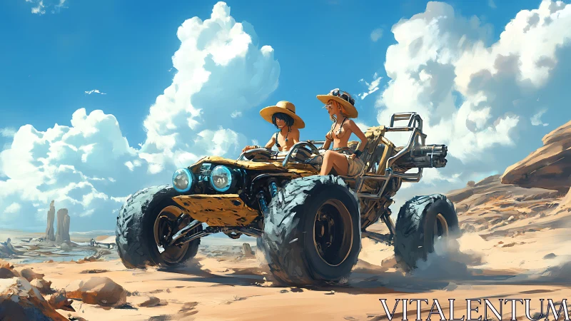 Sun-hatted drifters rocket their dune buggy across clouds