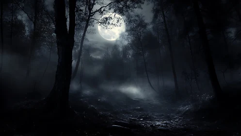Moonlit forest path with fog under dense tree canopy.