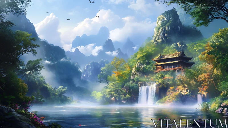 Mountain temple above waterfalls in lush misty valley.