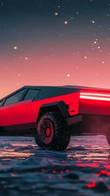 Cyberpunk off-road EV under neon dusk sky, low-angle study.