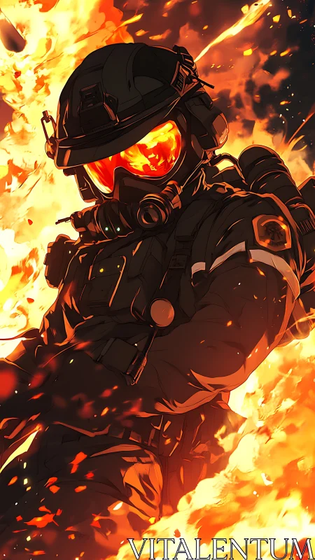 Armored figure positioned within intense orange and yellow flame environment