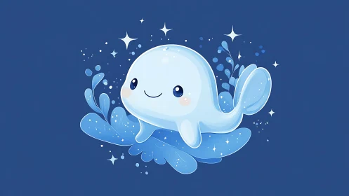 Kawaii blue whale illustration with glowing water effects.