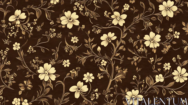 Floral motif pattern shows beige flowers on dark brown background