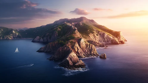 Rocky Island at Golden Hour with Sailboat.