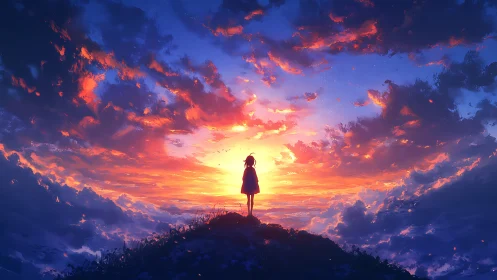 Sunset daydreams with a lone figure beneath glowing sky.