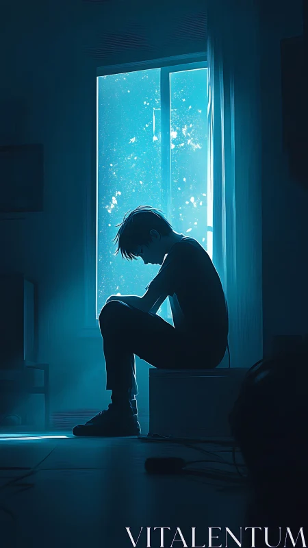 Midnight thoughts curl softly beneath an electric blue window