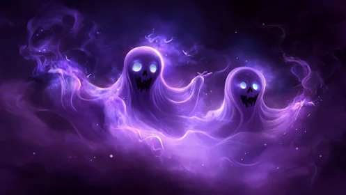 Two luminescent ghost figures emerge from purple spectral mist