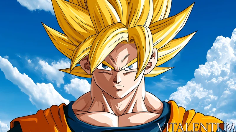 Spiky haired anime warrior stares forward under blue sky