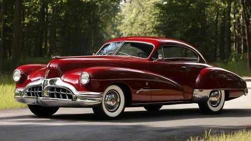 Crimson forest cruiser: vintage coupe bathing in sunlight.